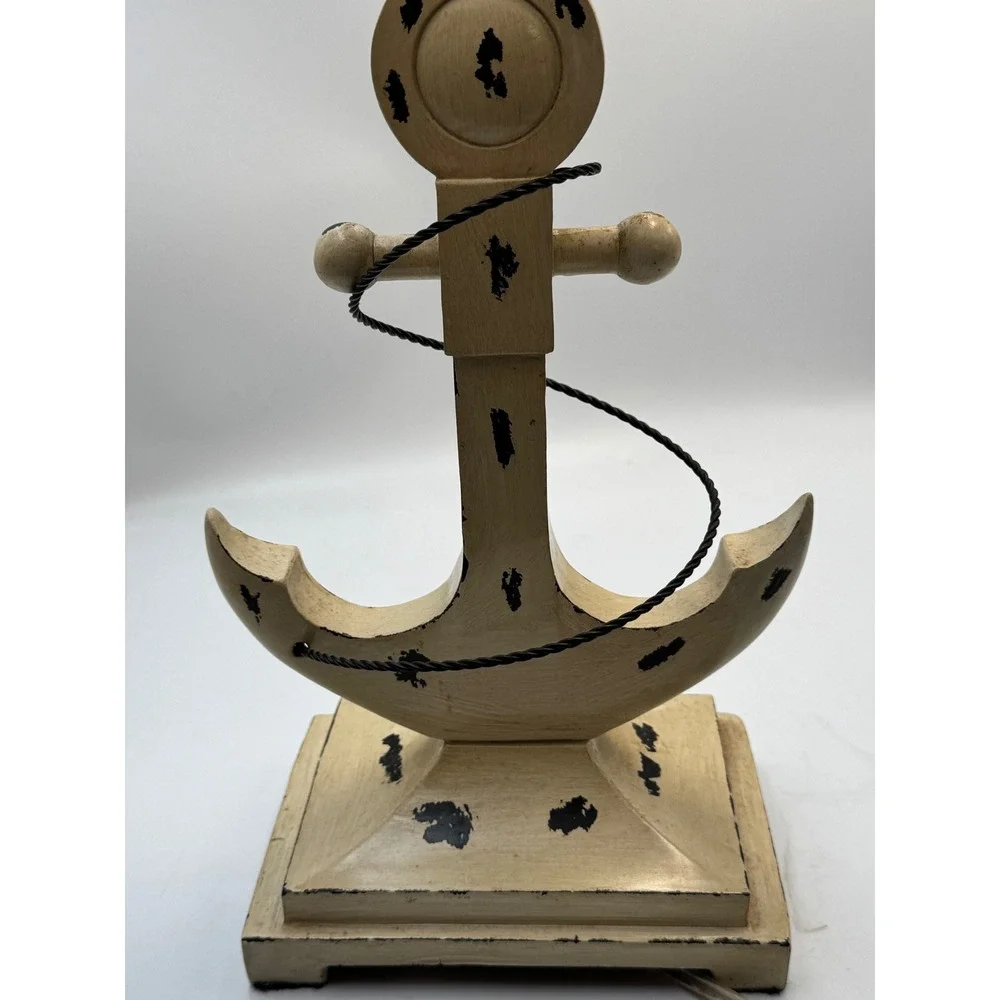 Nautical Anchor Table Lamp Distressed Cream Coastal Decor Burlap Shade